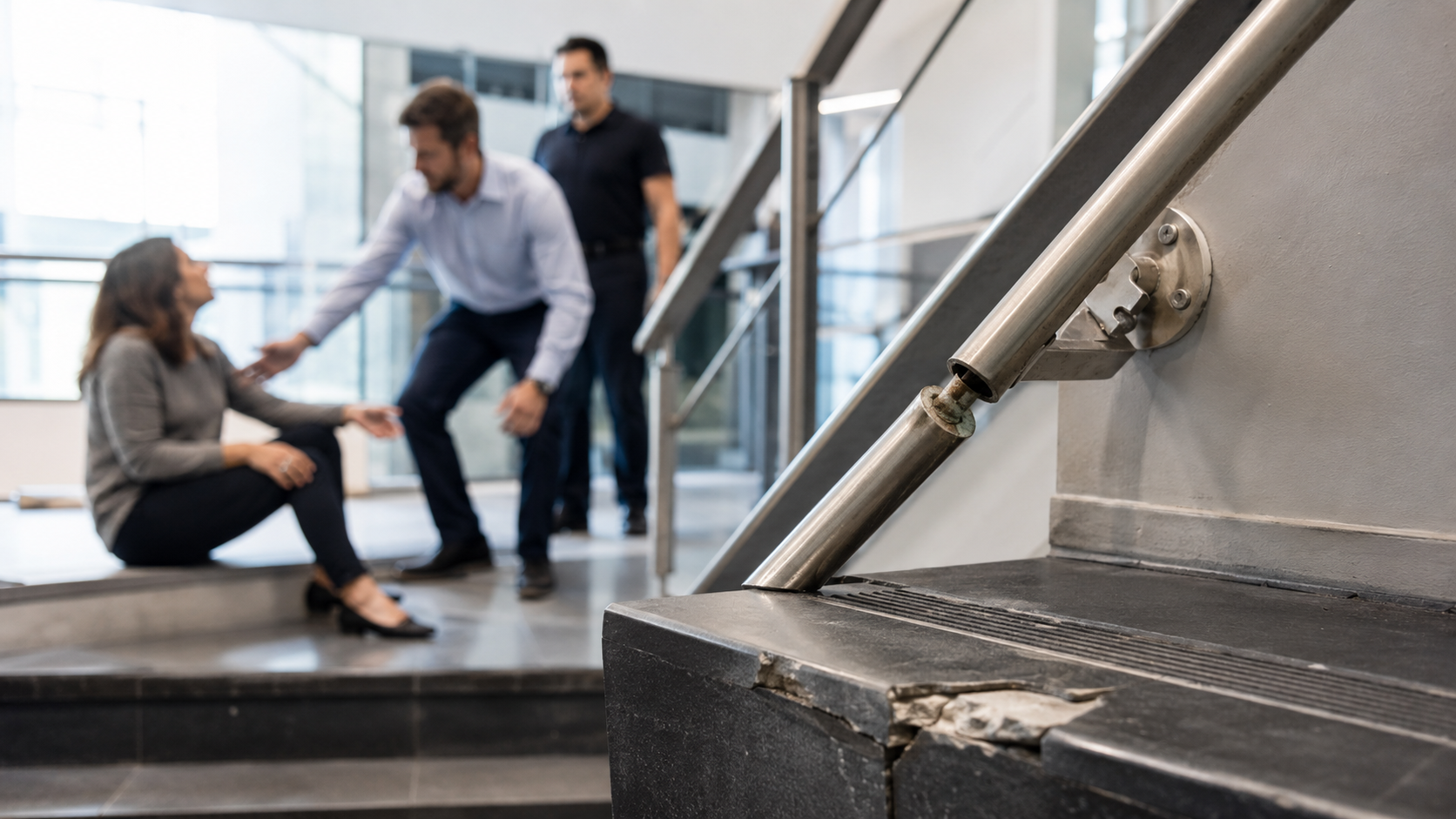 Injured person sitting on stairs after a trip and fall