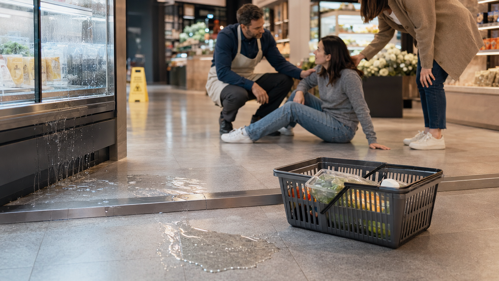 Shopper on the floor of a store beside a spill and a wet floor hazard