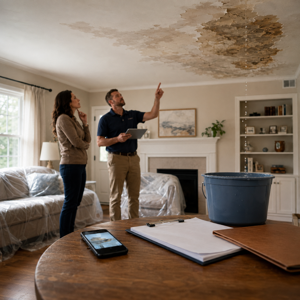 Couple reviewing water damage on a ceiling with an adjuster