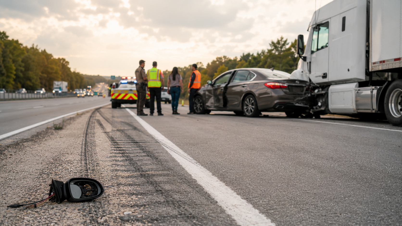 Crash scene on a Texas highway involving a truck and a car
