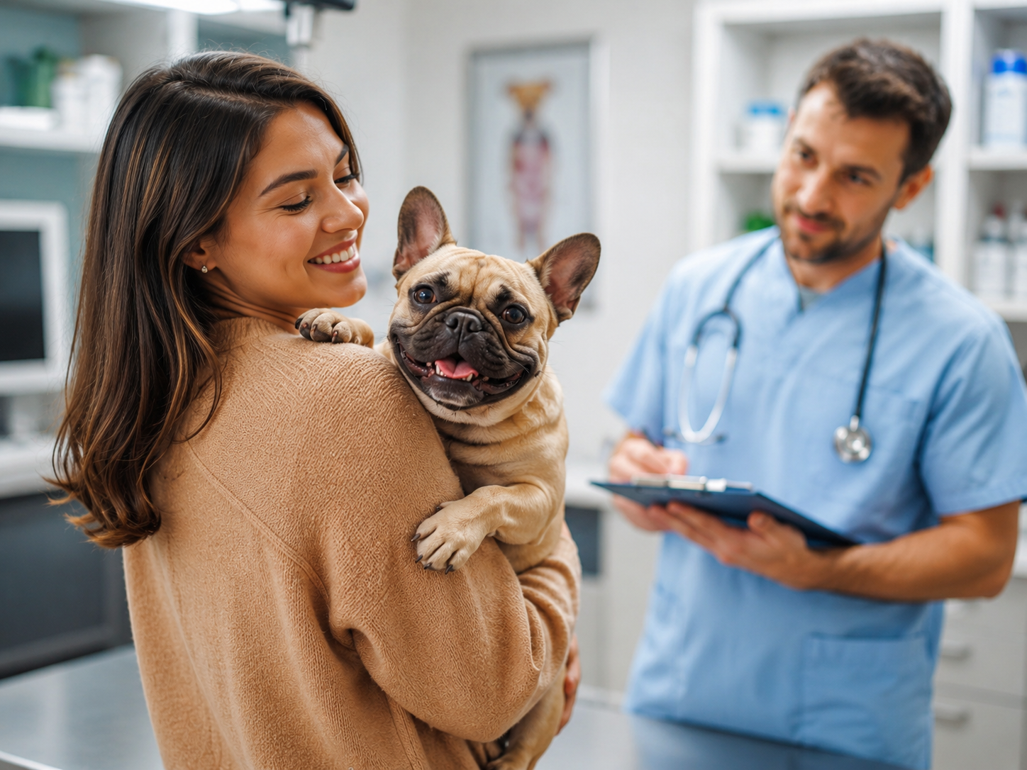 Woman holding a smiling French bulldog at the vet while the vet takes notes on a clipboard.