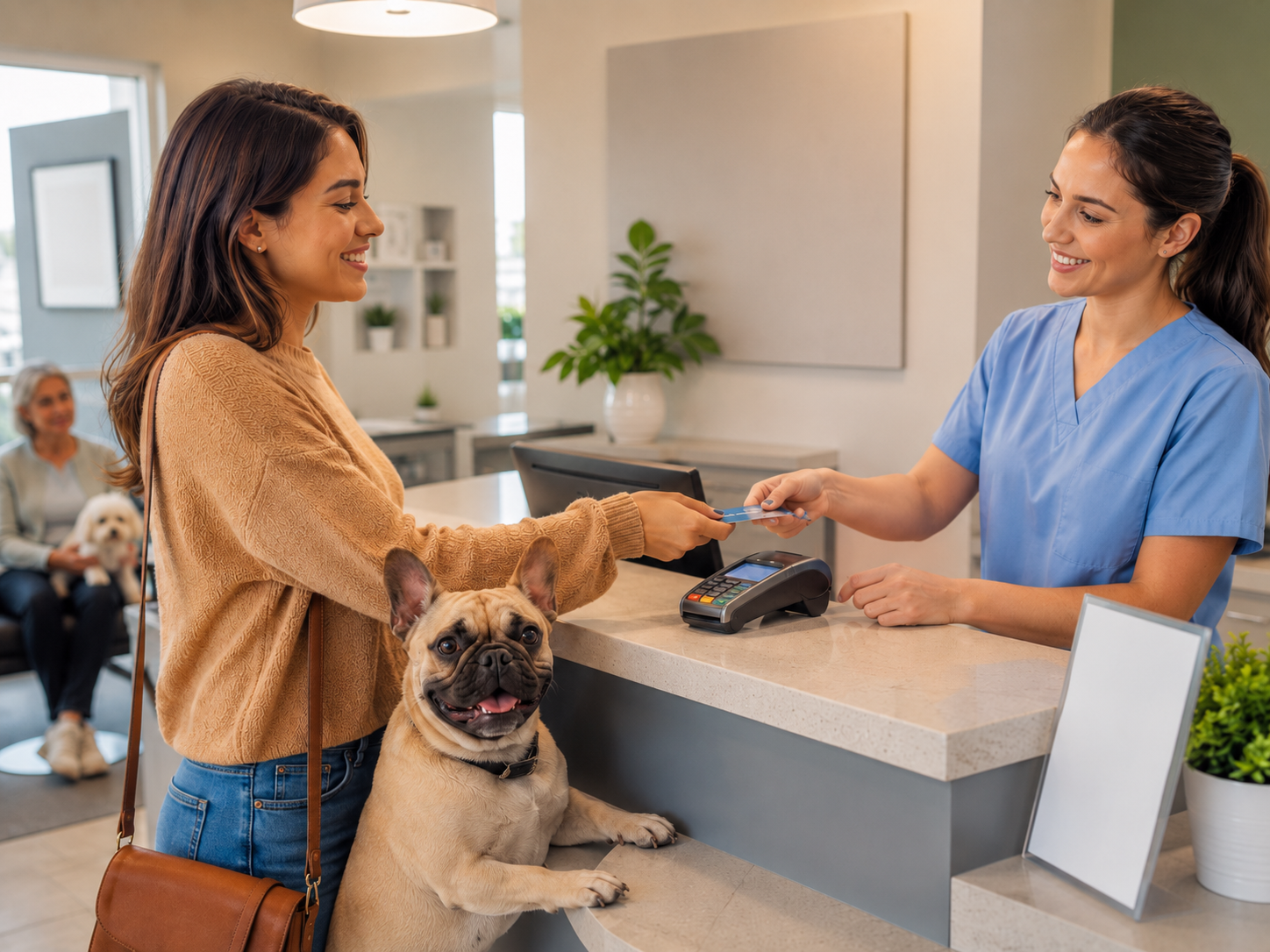 Woman at vet reception paying with card while her French bulldog stands on the counter.