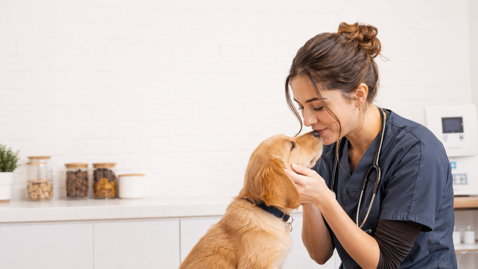 Veterinarian woman in scrubs affectionately touching noses with a golden retriever puppy in clinic.