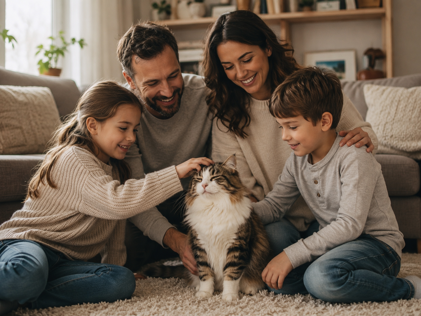 Smiling family of four sitting on carpet petting a fluffy tabby and white cat indoors.
