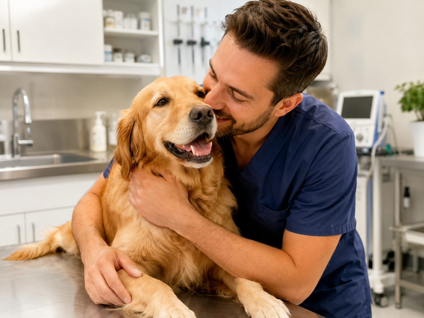 Veterinarian in blue scrubs hugging a happy Golden Retriever on an exam table in a clinic.