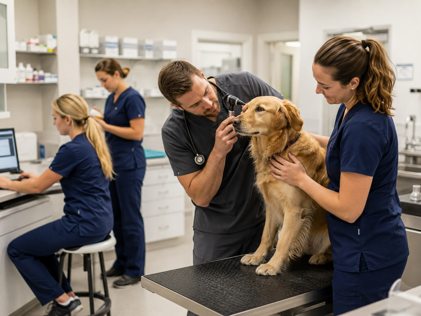 Veterinarian examining a golden retriever's ear while a vet tech holds the dog in a clinic.