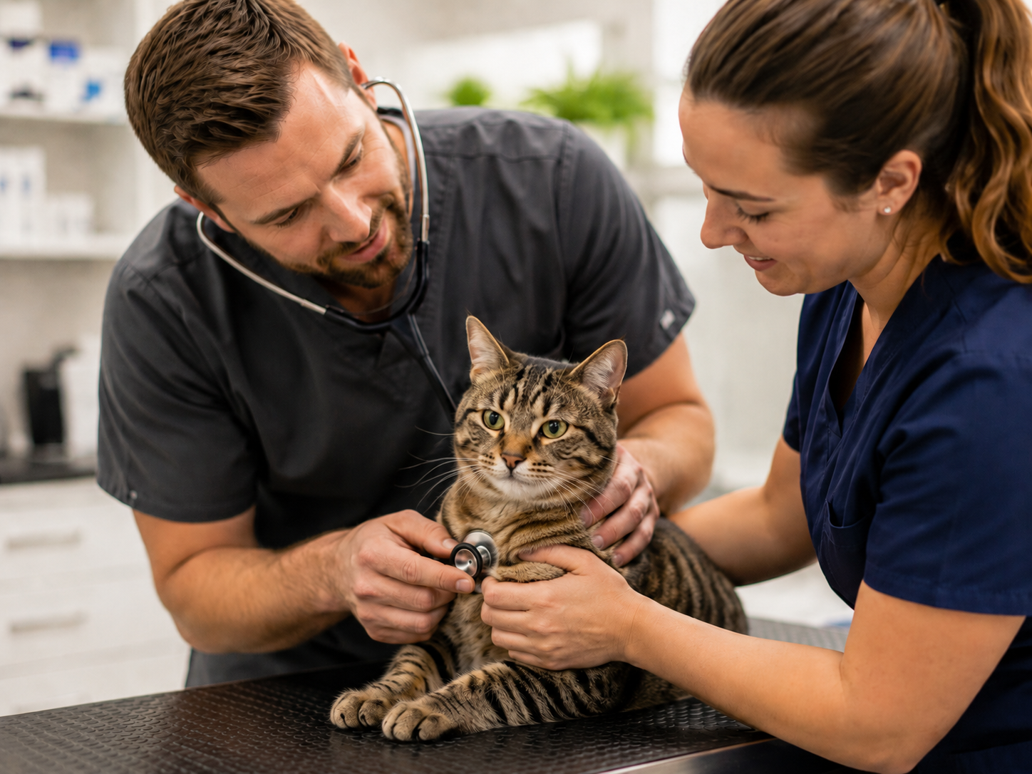 Veterinarians examining a tabby cat using a stethoscope in a veterinary clinic.