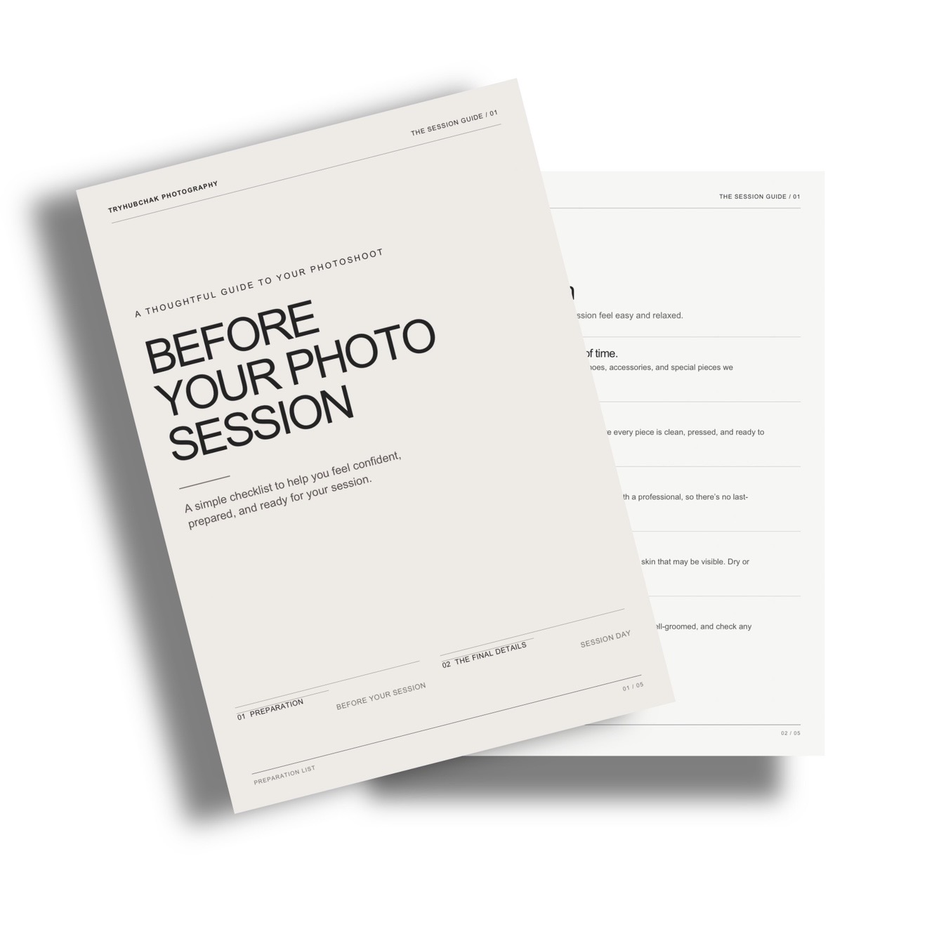 Cover page of a photography session guide titled 'Before Your Photo Session' with a subtitle about a checklist to help feel confident, prepared, and ready, along with section headers for preparation, final details, and session day.