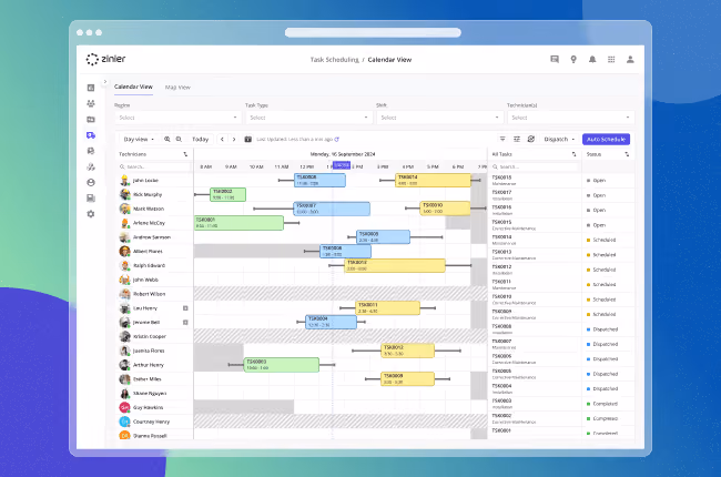 Zinier Task Scheduling calendar view showing technicians' assigned jobs across the day