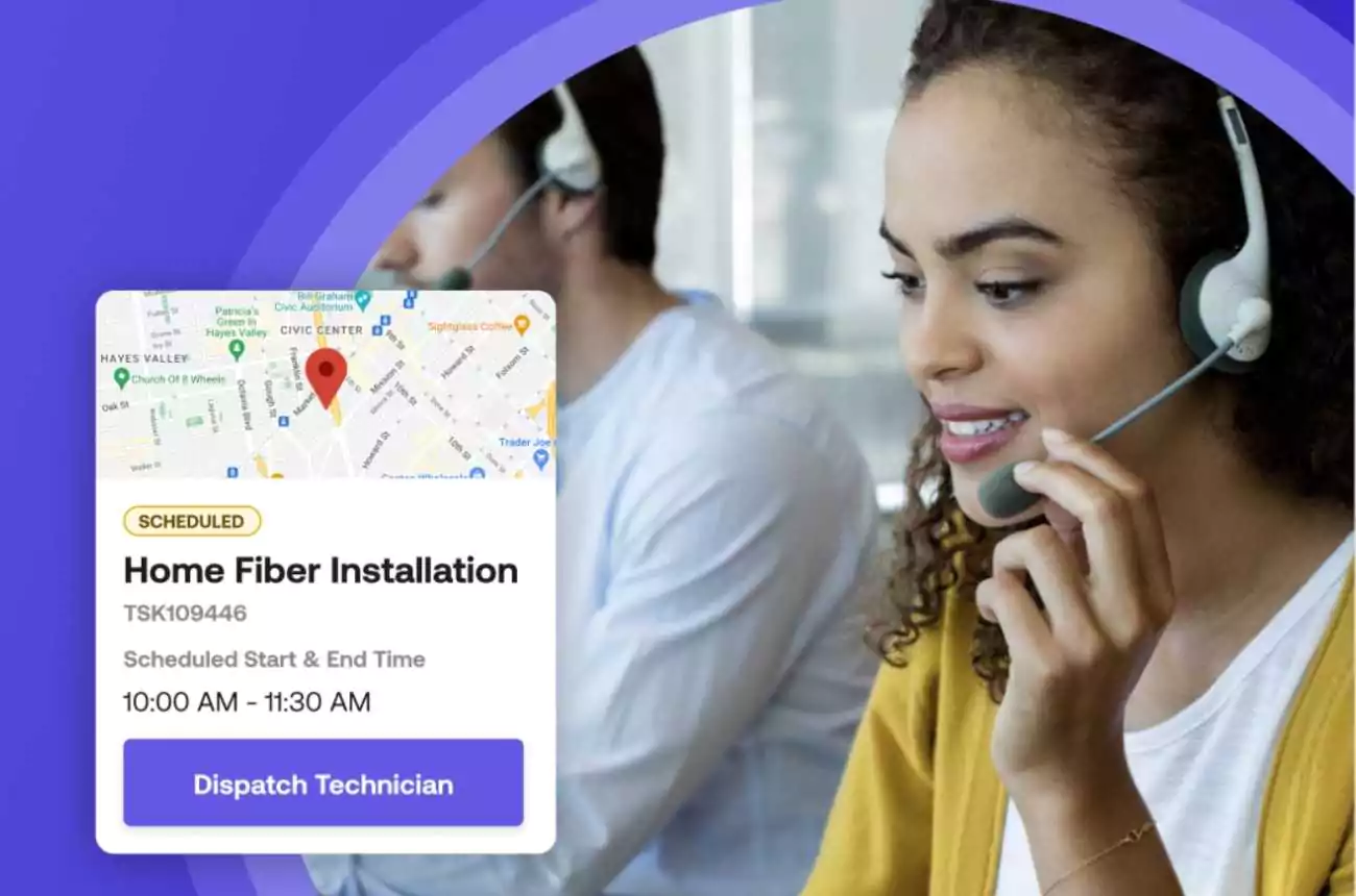 Dispatcher with headset beside a Zinier card for a scheduled Home Fiber Installation and Dispatch Technician button