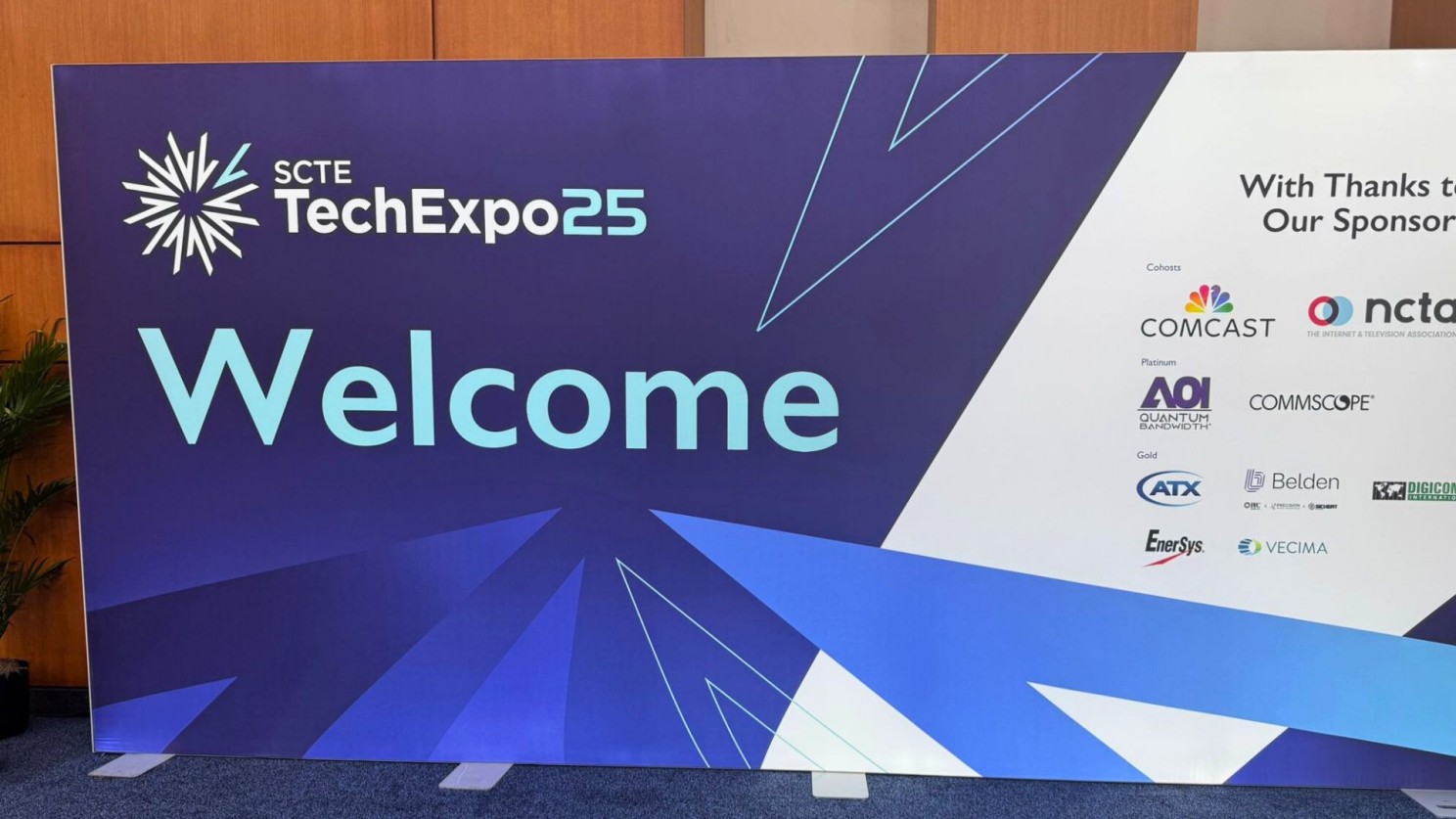 SCTE TechExpo25 welcome sign listing event sponsors at the Washington, D.C. conference