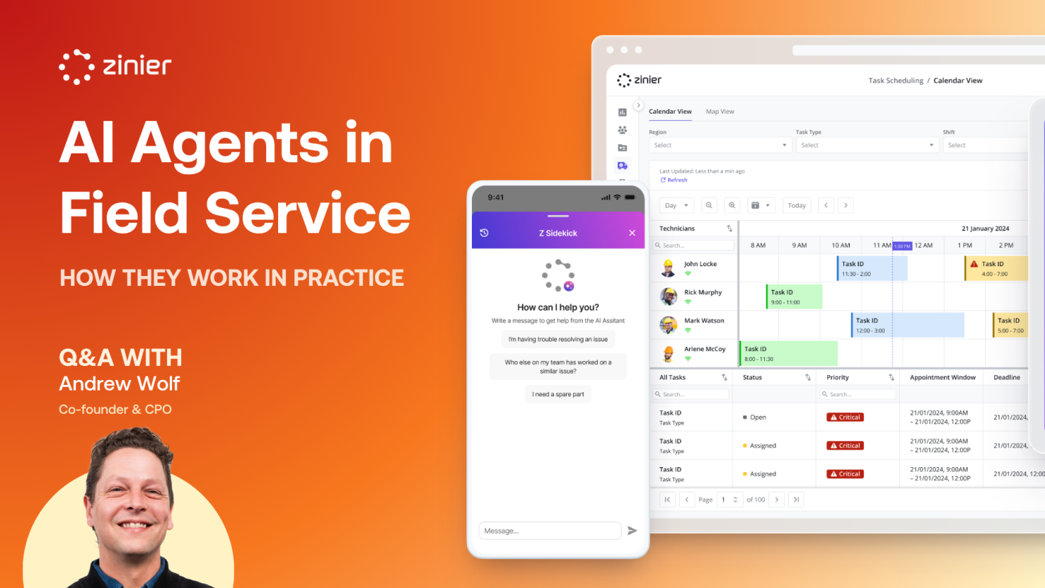 “AI Agents in Field Service: How They Work in Practice” Q&A with Andrew Wolf, Zinier co-founder and CPO, beside app screens