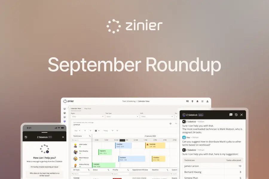 “September Roundup” title with the Zinier logo above scheduling, mobile, and Z Sidekick AI assistant screens