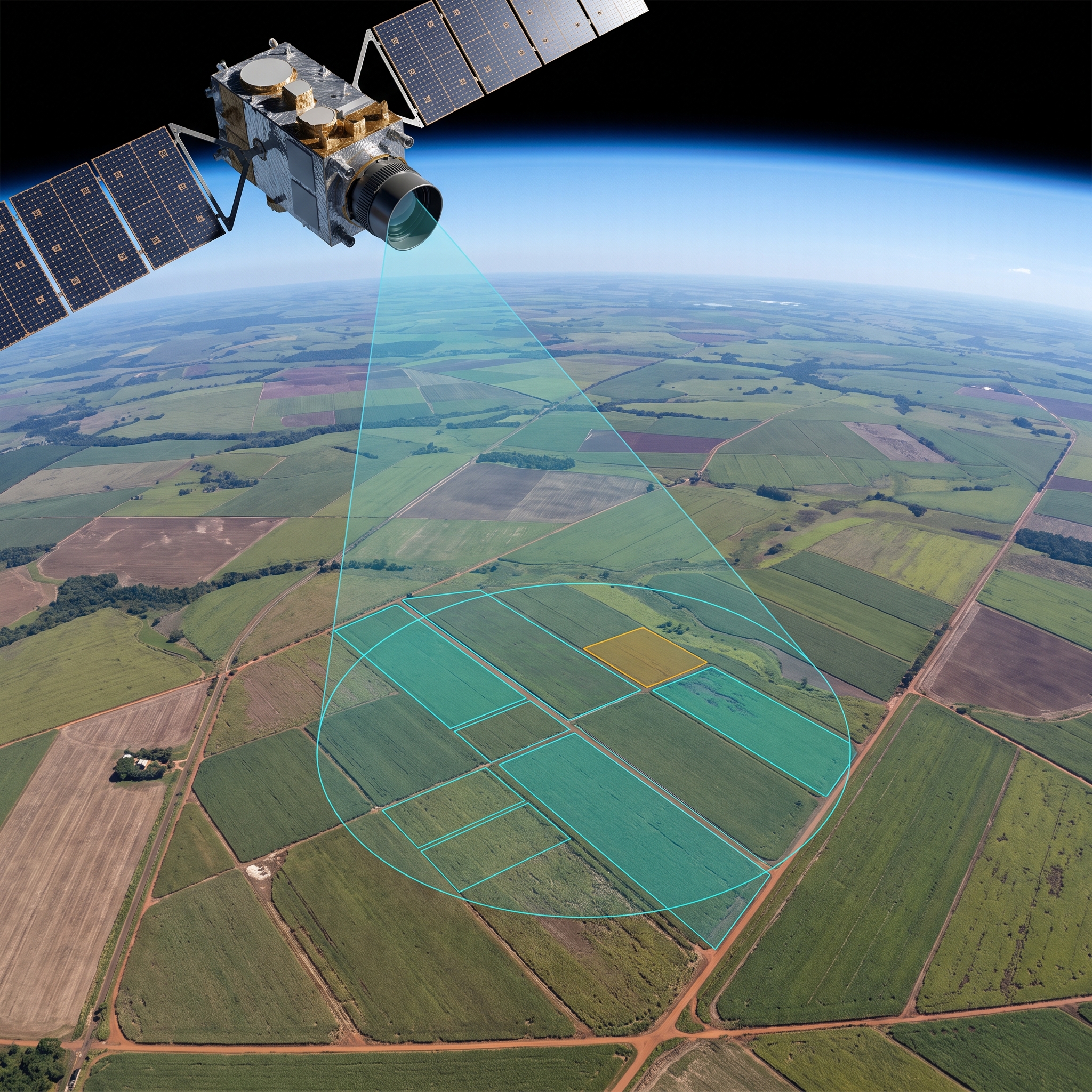 Vista aérea de áreas agrícolas representando análise por satélite