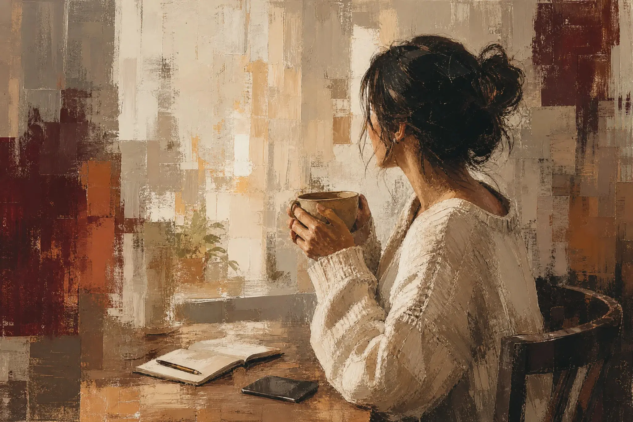 A woman beginning her morning with coffee, a notebook, and her phone