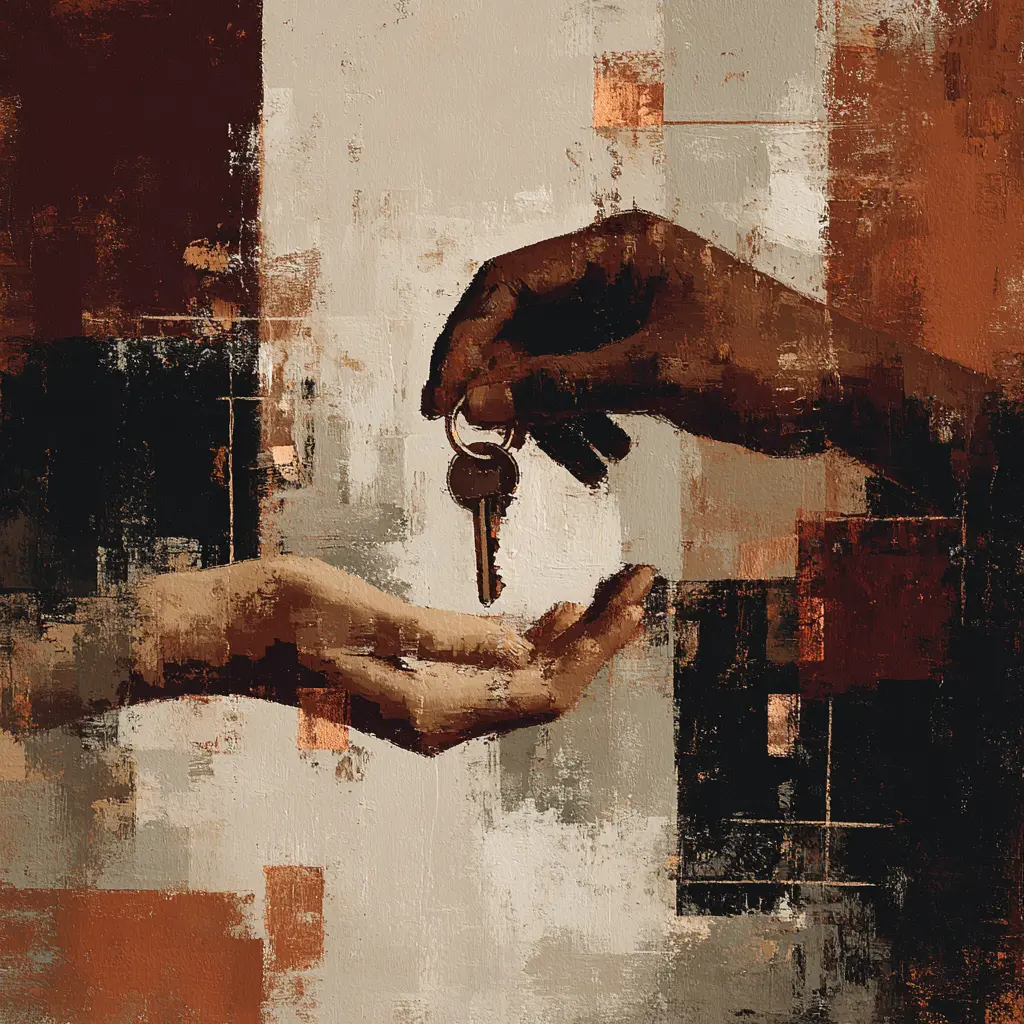 A painterly depiction of one person handing keys to another