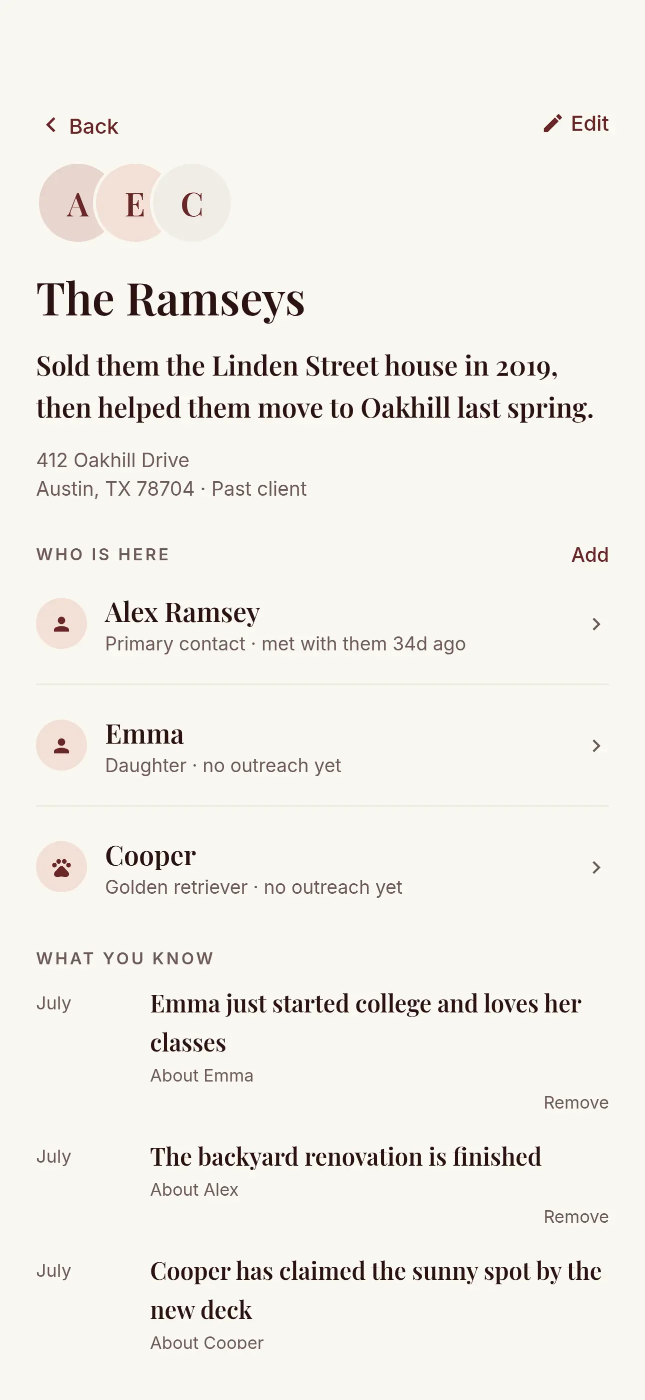 The My Morning Five contact view before a call, showing relationship notes and the call action