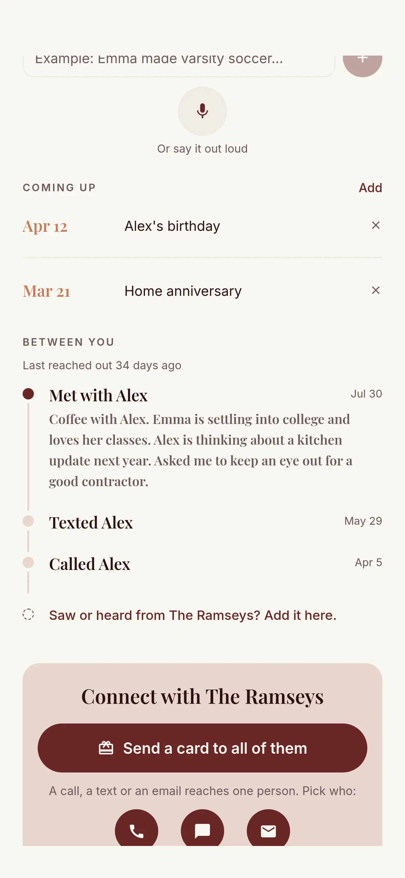 Notes saved in My Morning Five after an in-person conversation