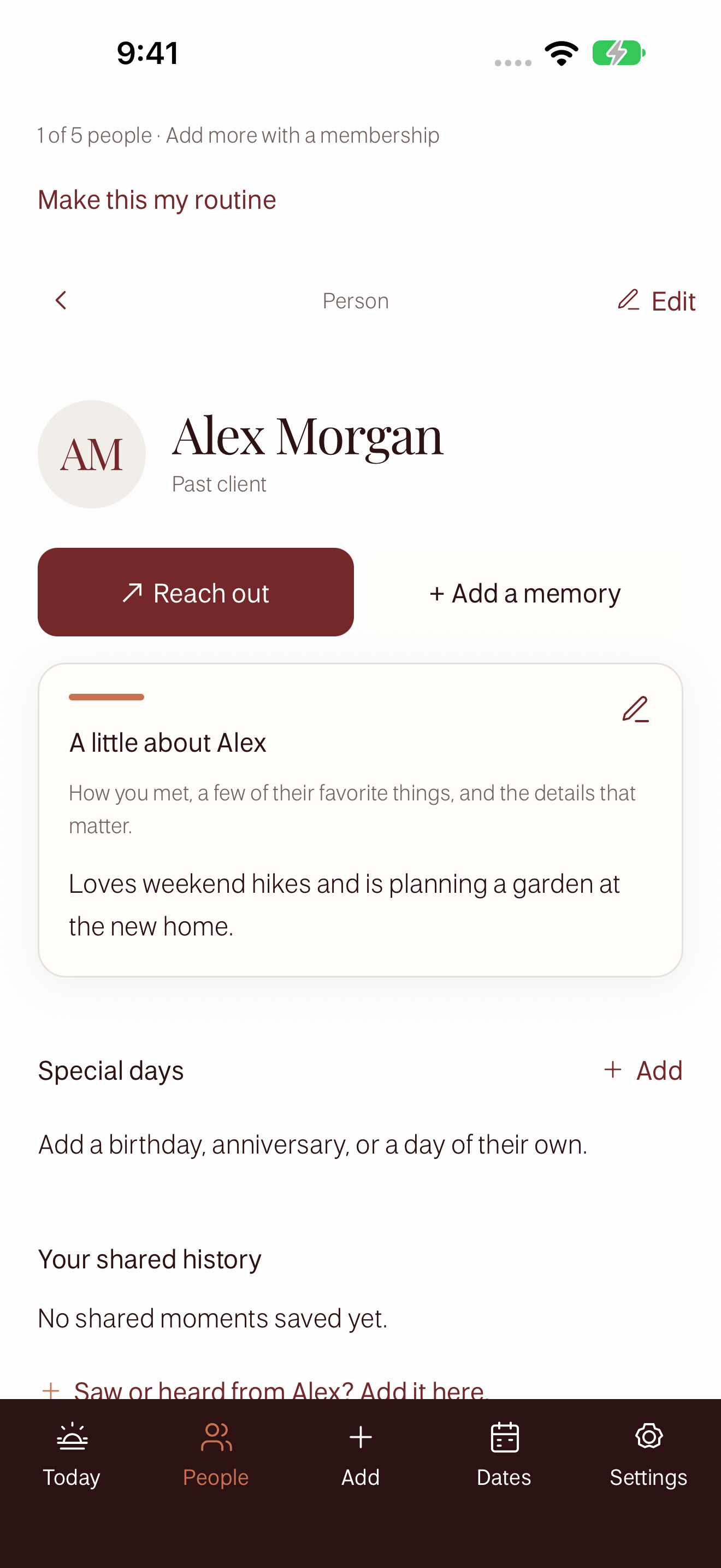 A fictional profile in My Morning Five showing personal details and shared history
