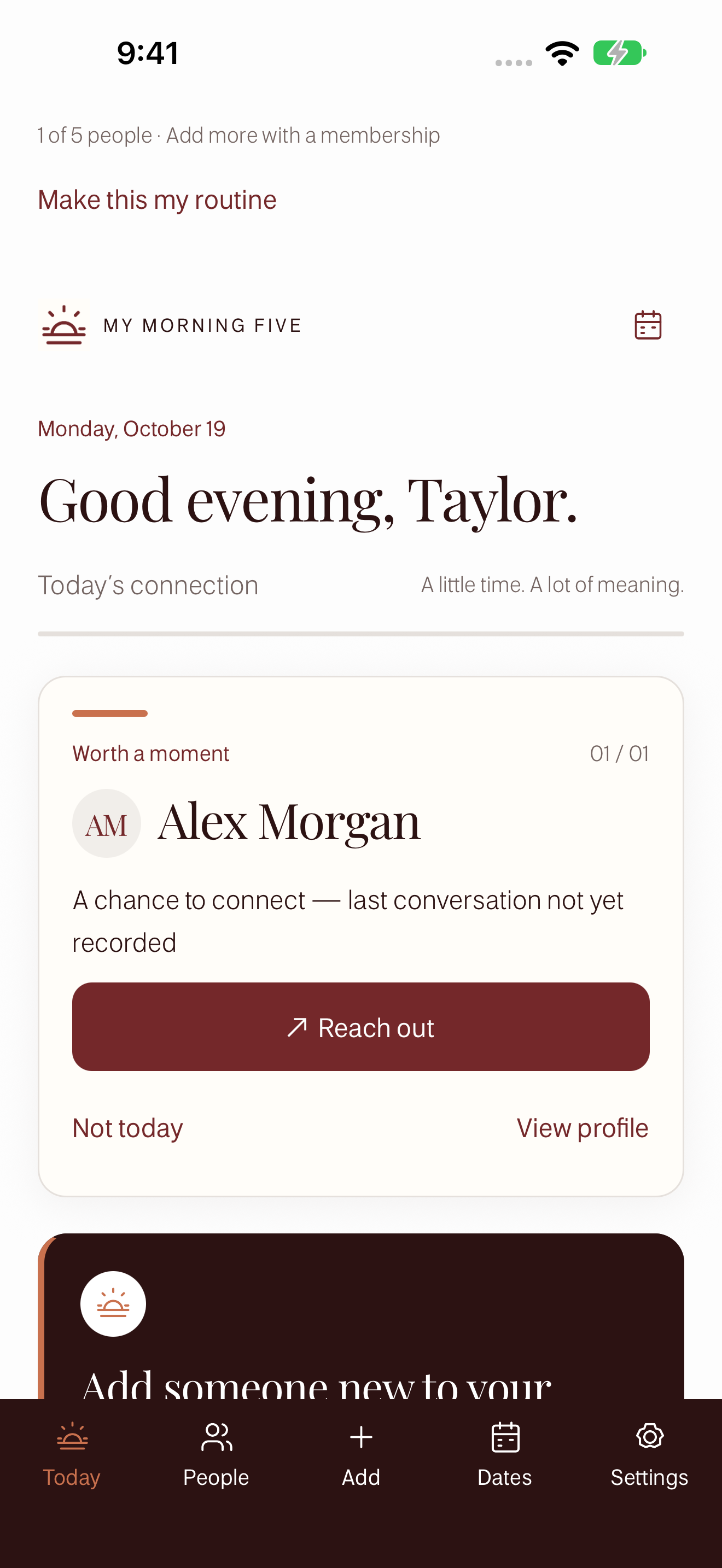 The My Morning Five Today screen with a fictional client, Alex Morgan
