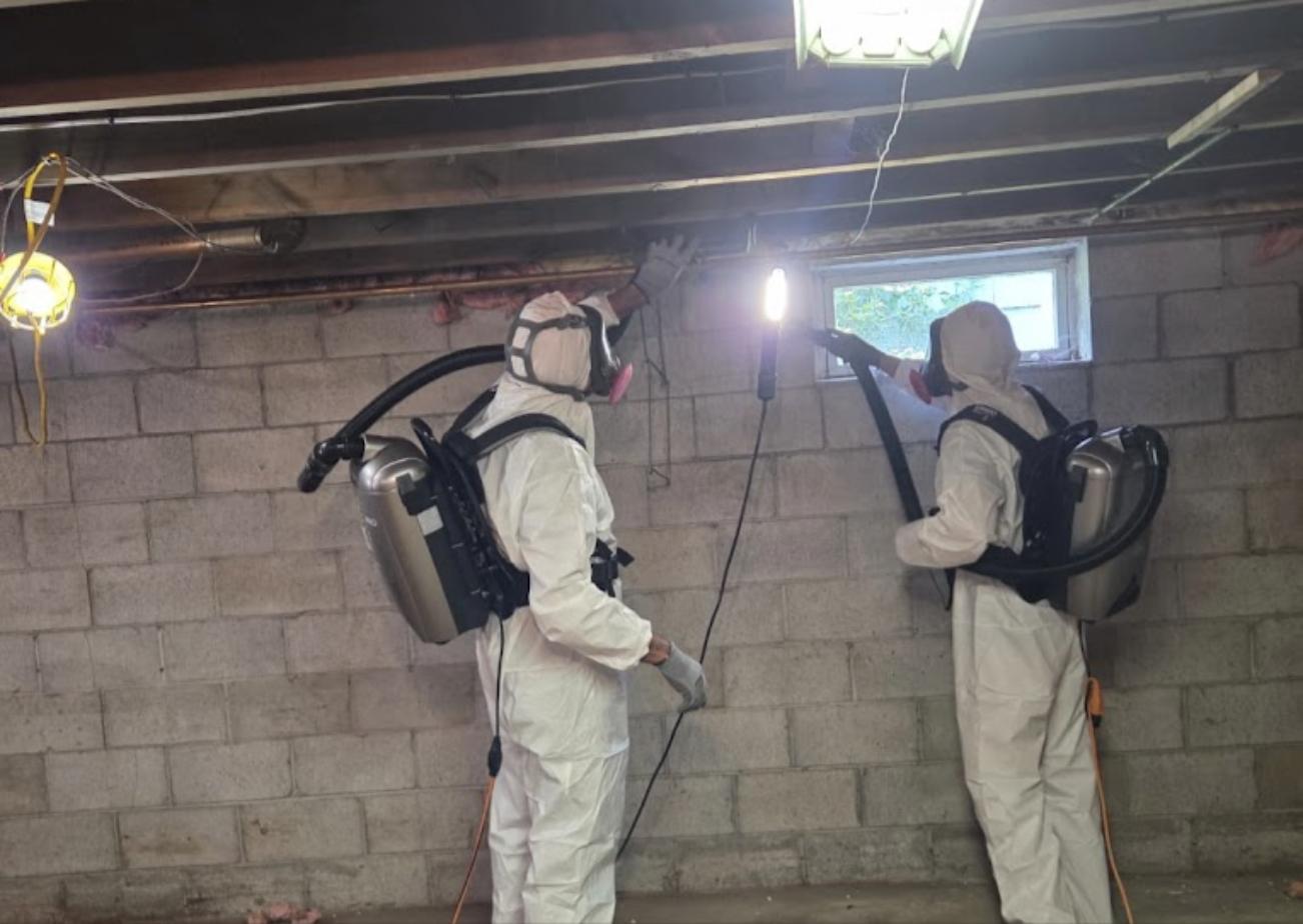 Mold remediation technicians in protective suits treating a Hampden County, MA basement — Mass Restoration Group