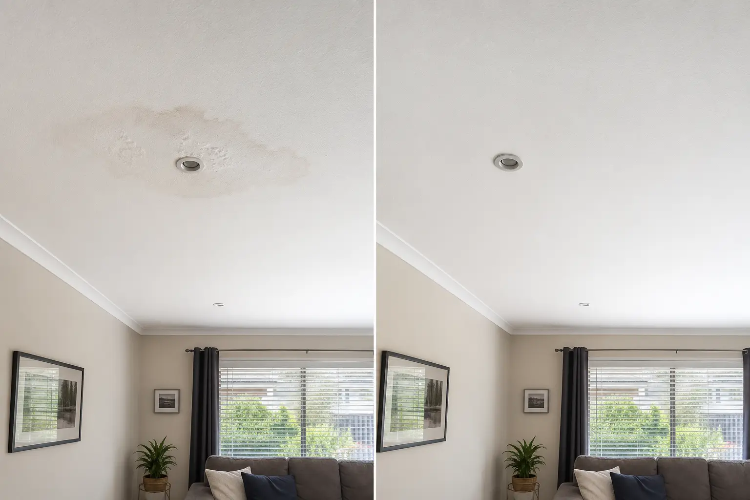 Illustrative before-and-after comparison of a water-damaged living room ceiling and completed repair