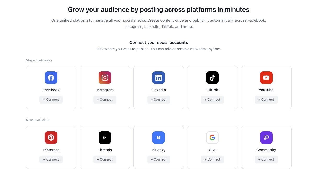 Social planner showing connected social accounts