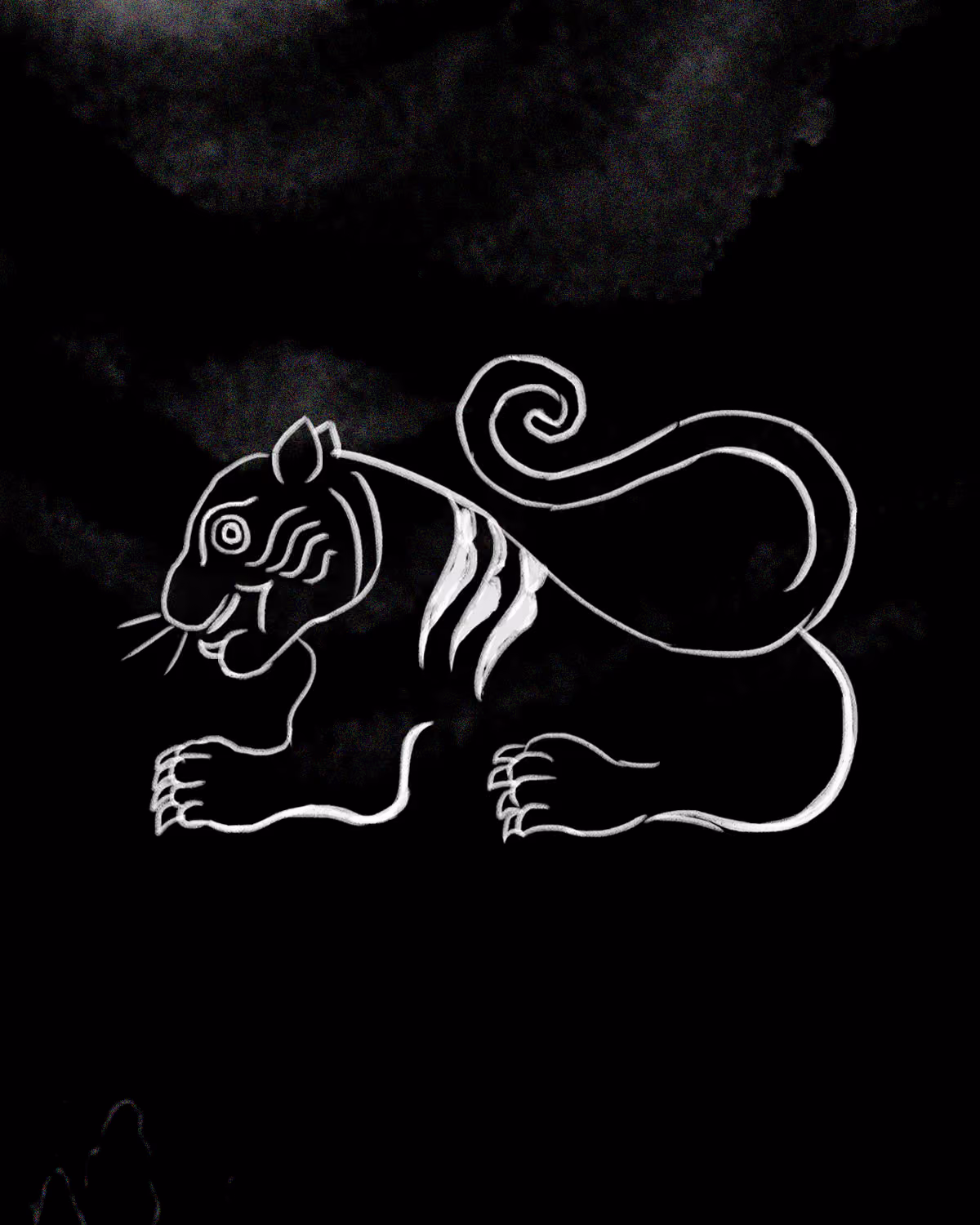 Illustration of a crouching tiger with three stripes on its shoulder and a curled tail on a black background.