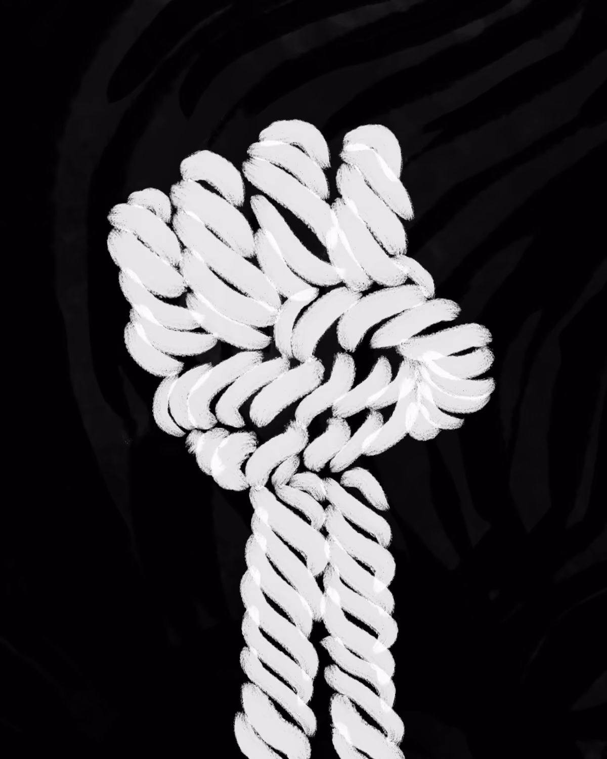 Illustration of a clenched fist formed by a twisted white rope against a black background, symbolizing strength and unity.