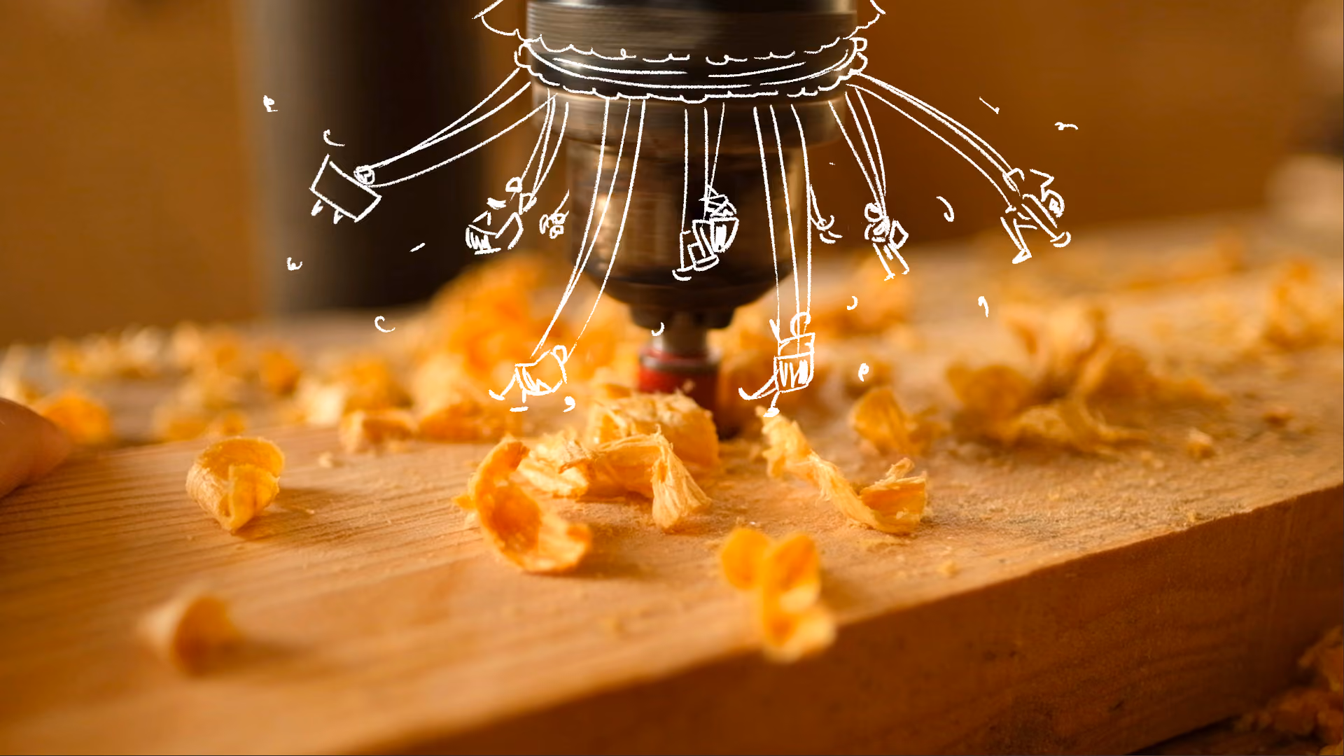 Close-up of a drill bit cutting into wood with wood shavings scattered around, overlaid with illustration of tiny people swinging from the drill.