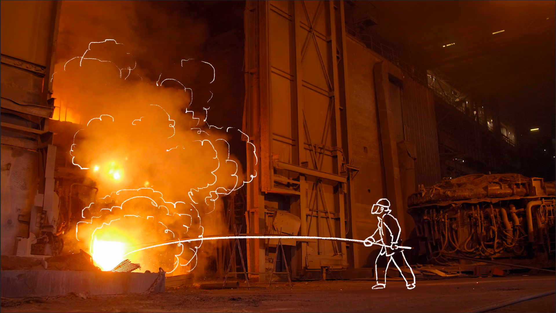 Inside an industrial foundry, bright orange molten metal glows as it is poured or processed, with an overlaid simple illustration of a person holding a long tool directing the flow.