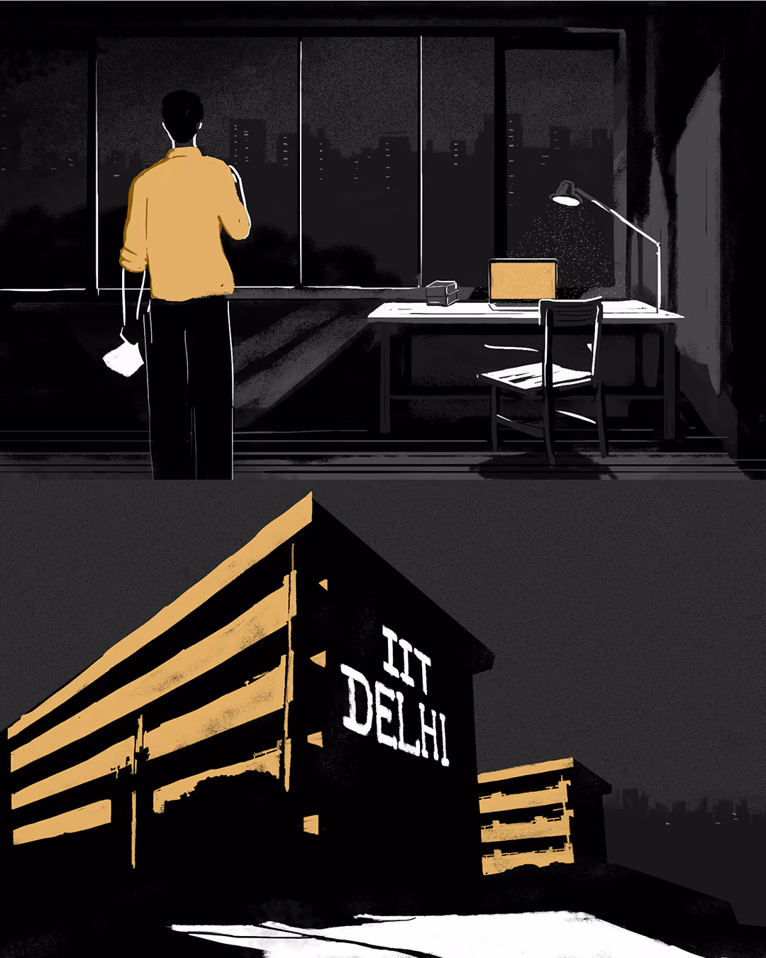 Illustration showing a person standing indoors with a paper in one hand, looking out a large window at night; below is a night view of a building with 'IIT DELHI' illuminated on its side.