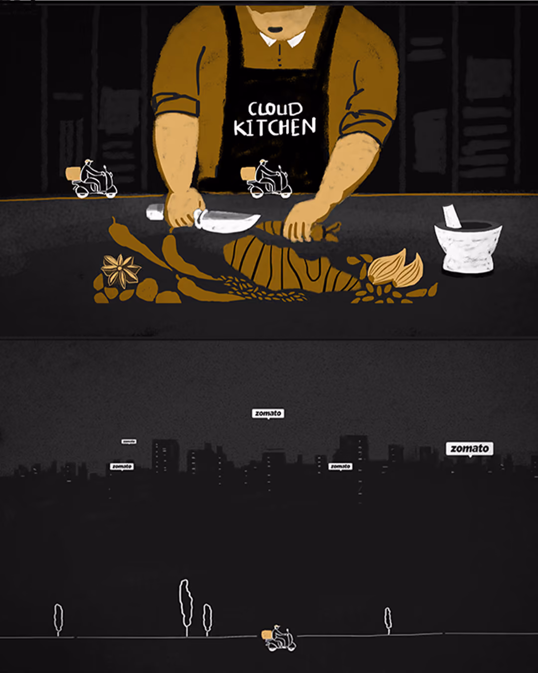 Illustration of a chef with black apron running his 'Cloud Kitchen', preparing food with various spices and ingredients on a dark countertop, above a city skyline at night with multiple 'zomato' signs and scooters riding.
