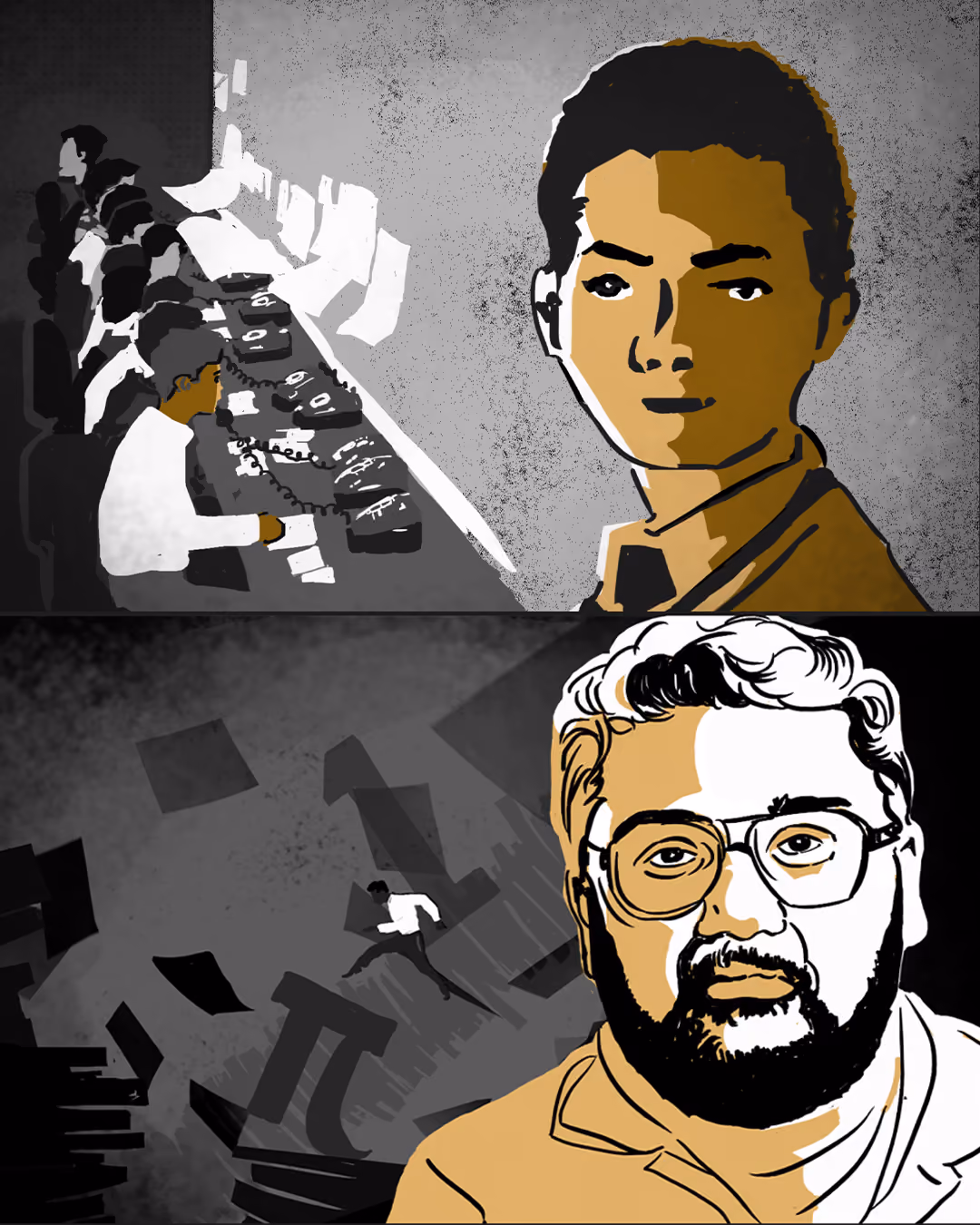 Digital artwork split into two sections showing portraits of two men with contrasting scenes behind them: the upper section depicts a young man with short hair looking forward, set against a grayscale busy office environment with people working at desks; the lower section features a bearded man wearing glasses and a collared shirt, with abstract shapes and a figure running in a dark, chaotic background.