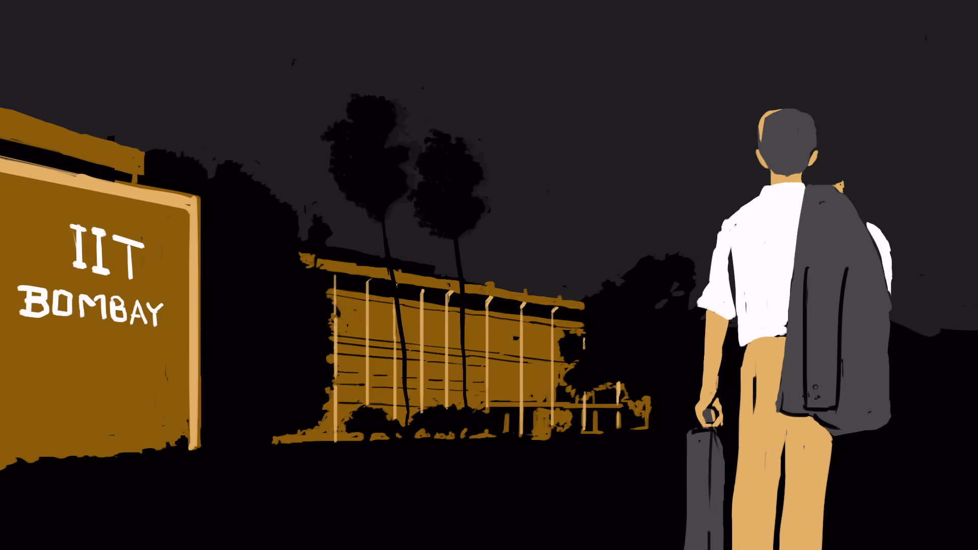 Illustration of a man holding a briefcase and a jacket over his shoulder, facing a building with the sign 'IIT Bombay' at night.