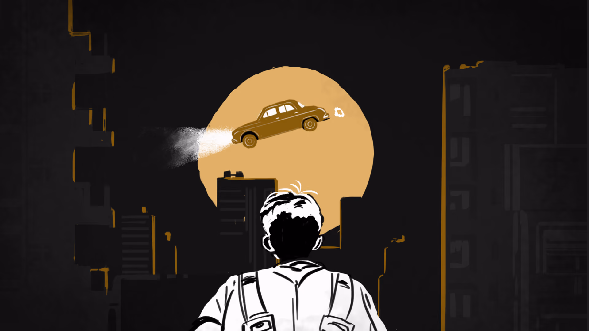 Illustration of Bhavesh Agarwal having vision of OLA in a backpack looking up at a car flying in front of a large yellow moon over a dark city skyline.