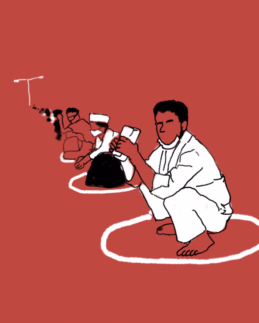 Illustration of men sitting or squatting on the ground with social distancing circles around them during covid.