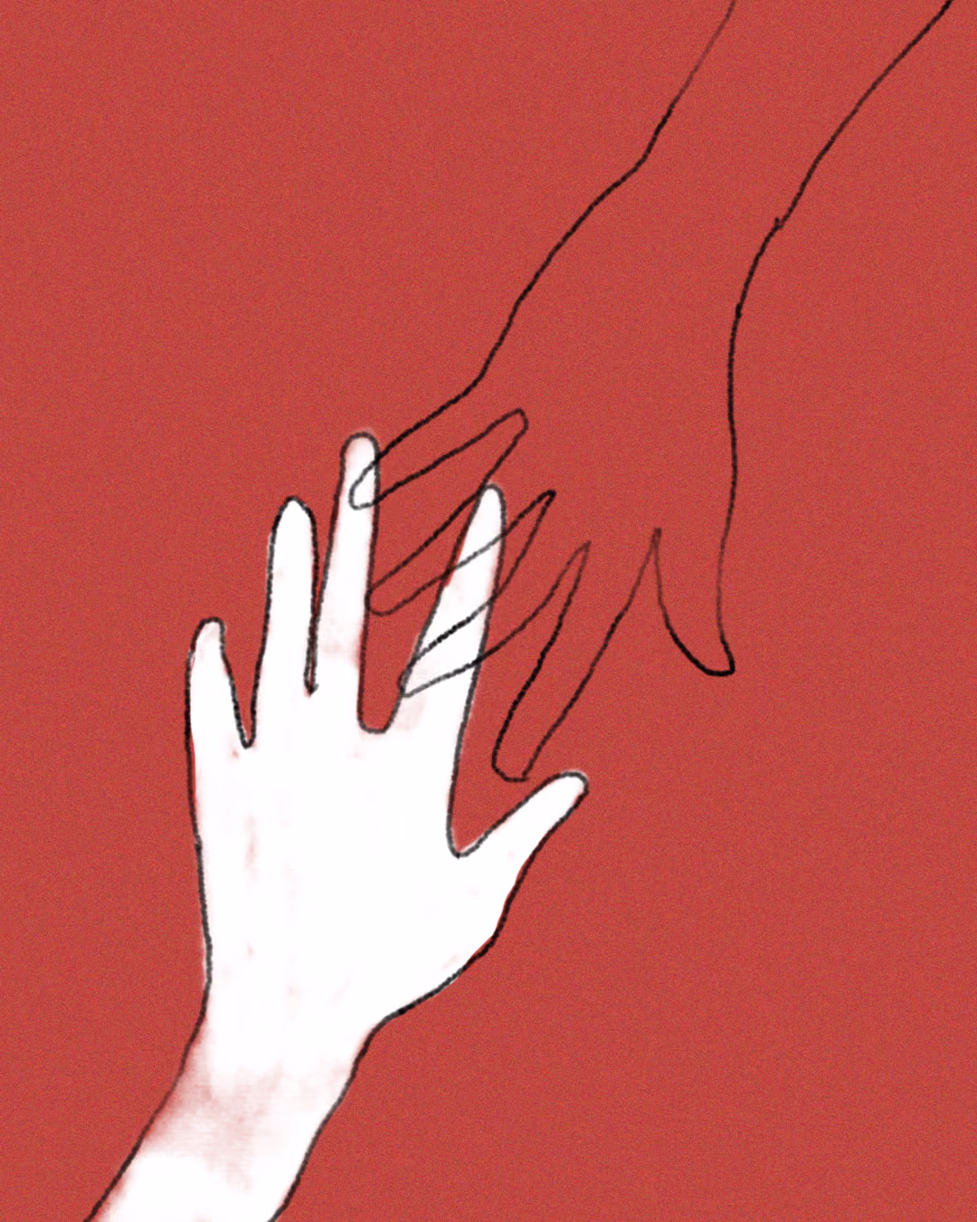 Illustration of two hands reaching toward each other on a red background, one hand filled in white and the other one is transparent with outlined in black.