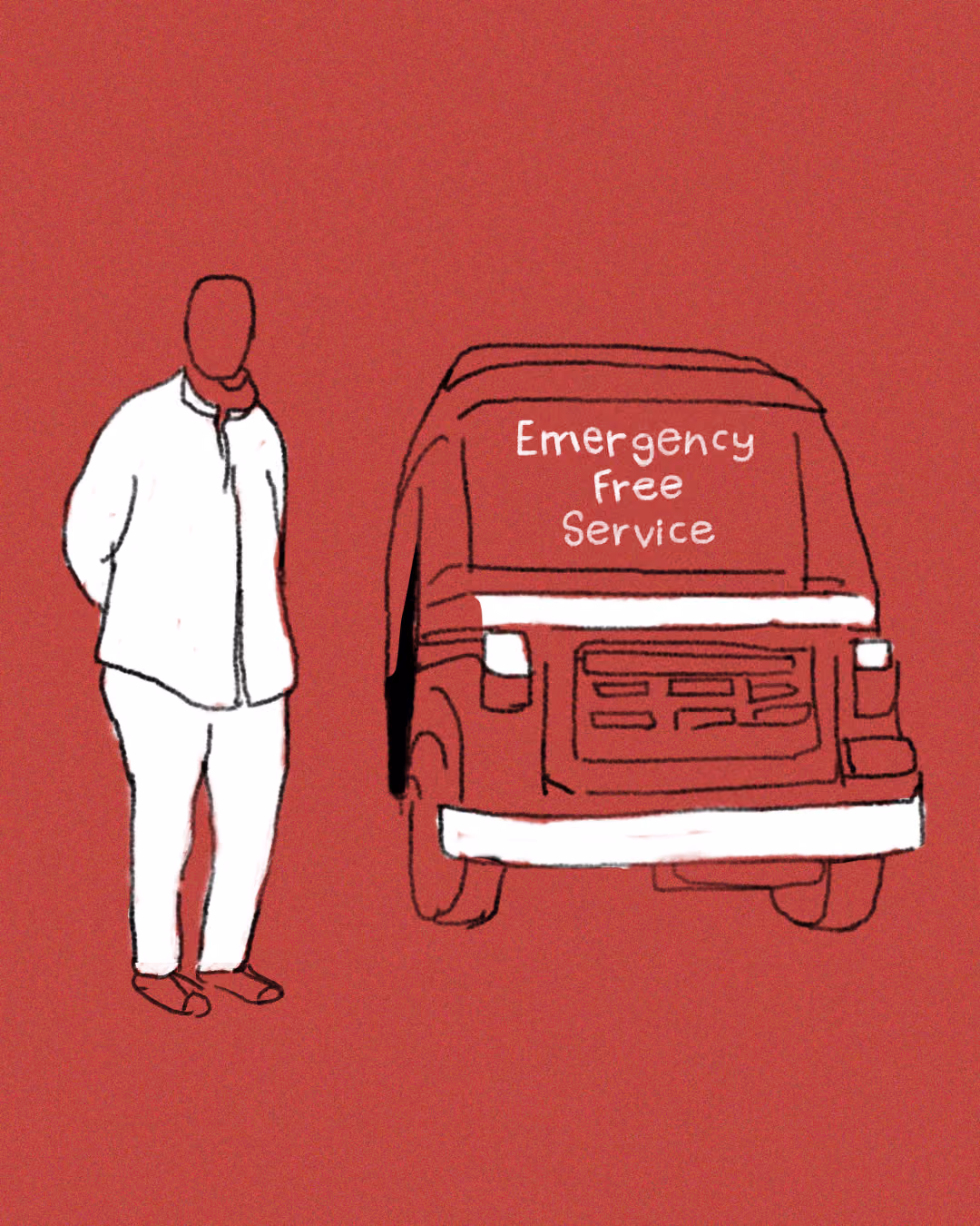 Illustration of a person standing beside a auto-rickshaw a sign reading 'Emergency Free Service' on its rear window.