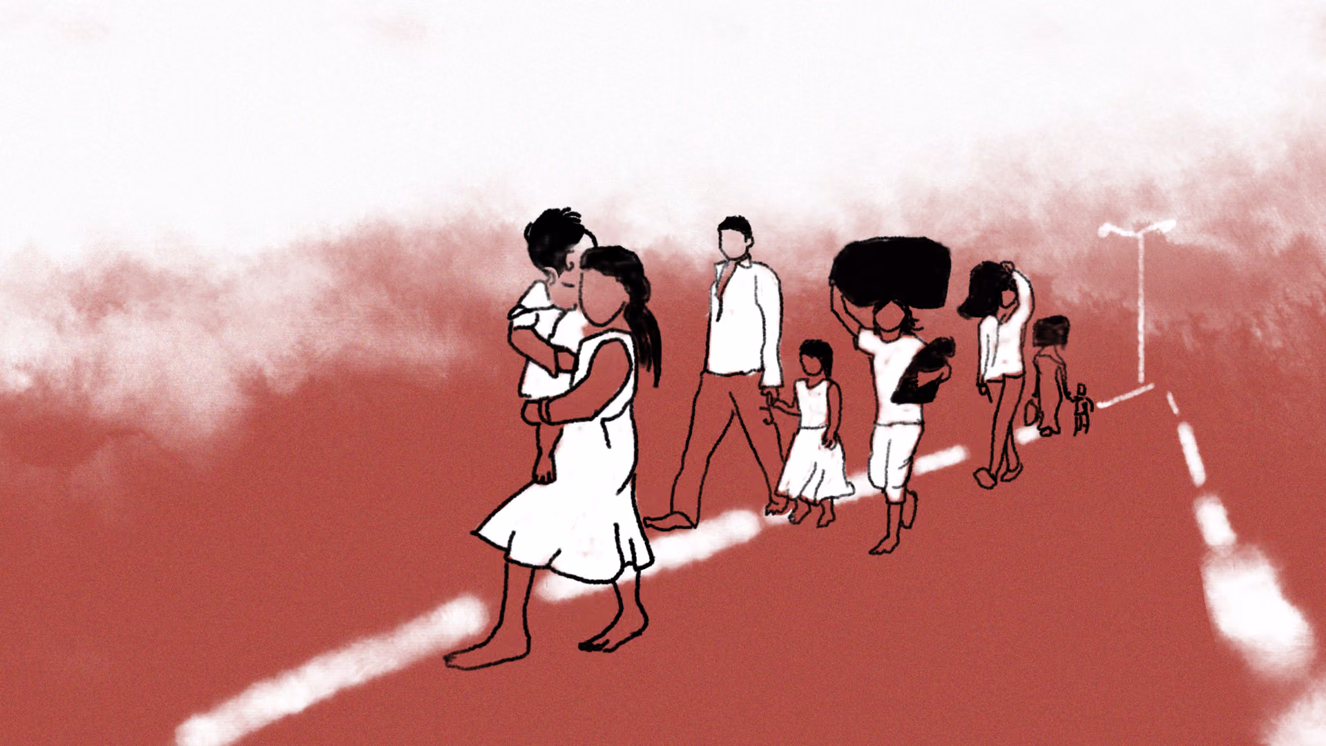 Illustration of a group of people migrating barefoot down a deserted road, including a woman carrying a child and others carrying large bundles on their heads in covid time.
