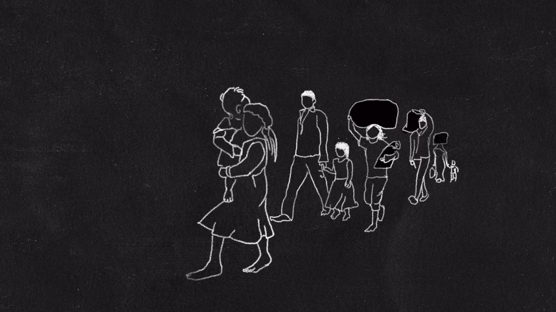 Illustration of a group of people migrating barefoot down a deserted road, including a woman carrying a child and others carrying large bundles on their heads in covid time.