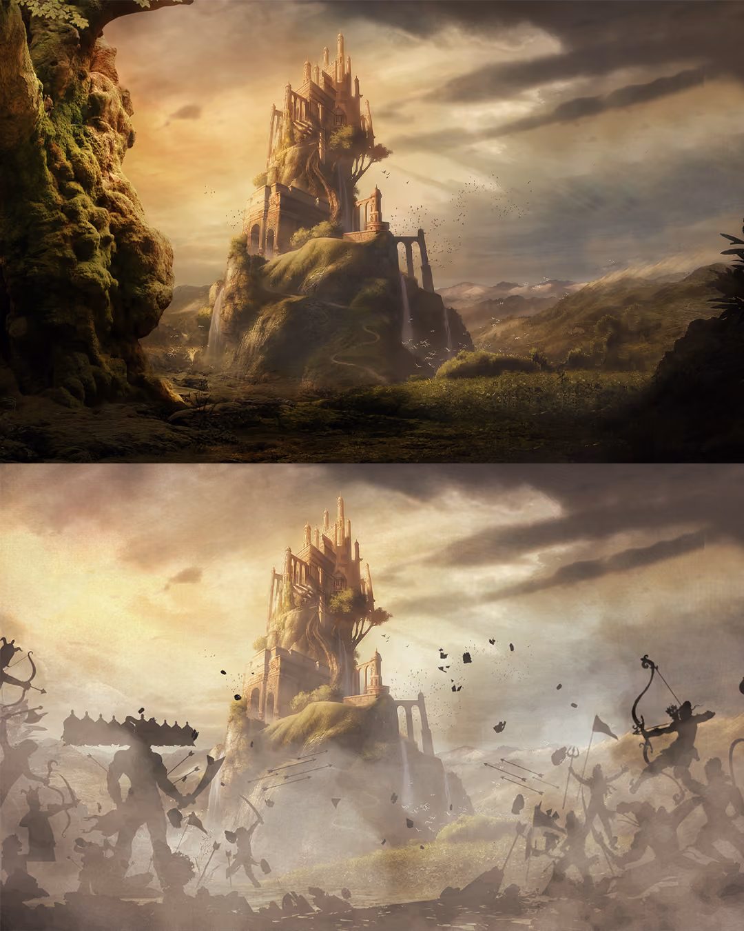 A fantasy castle atop a mossy, rocky hill surrounded by mist and greenery in both panels; the top panel shows a serene, bright landscape, while the bottom panel depicts a hazy battlefield with shadowy warriors and archers advancing toward the castle.