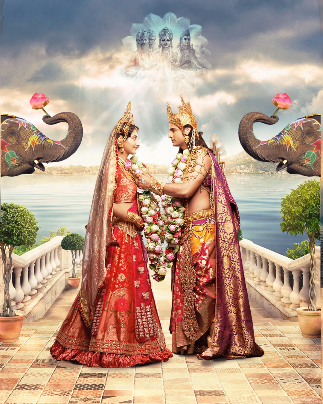 Lord Ram and Sita Mata getting stands facing each other, exchanging floral garlands on a wedding day.