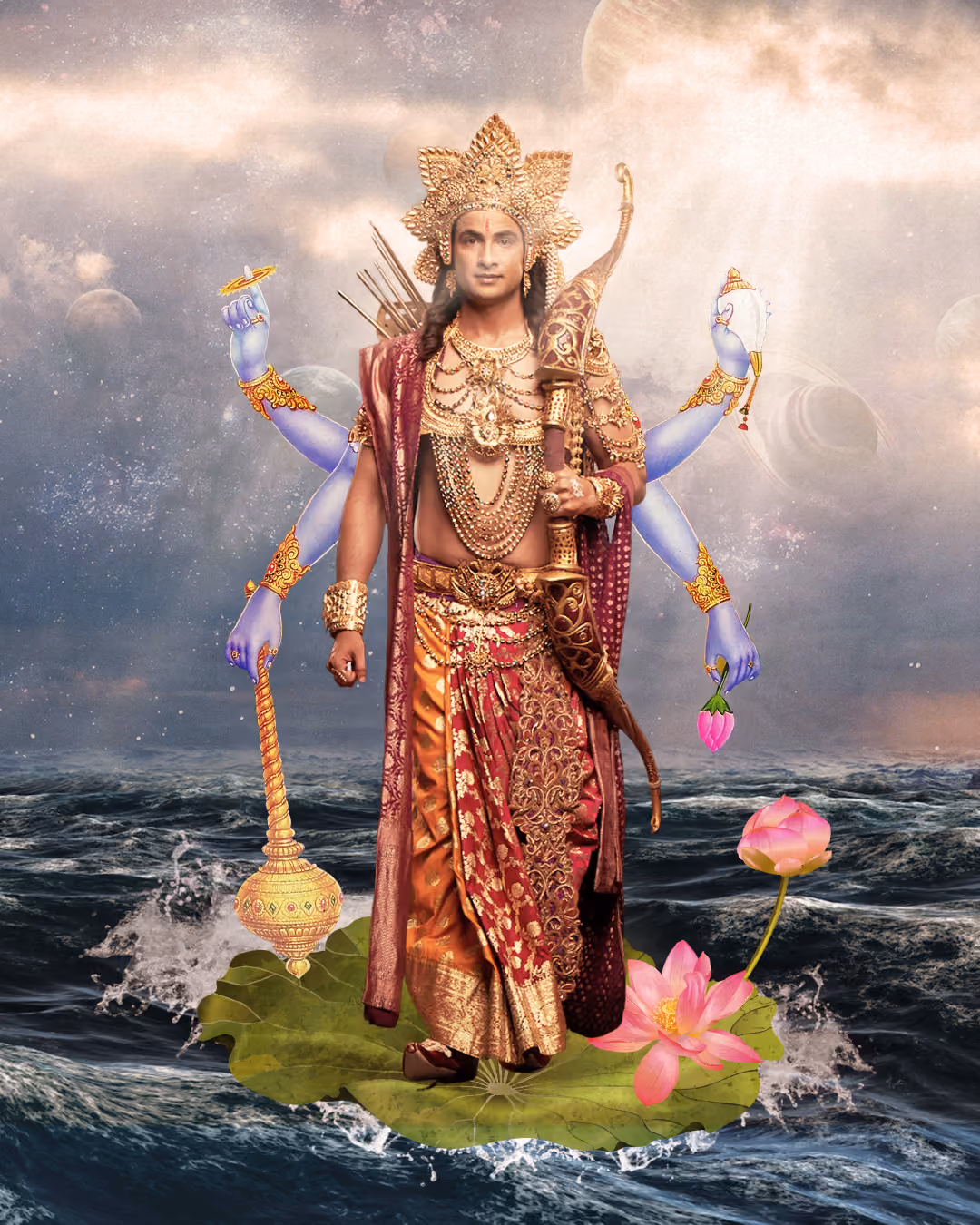 Lord Vishnu with a golden crown, layered jewelry, and traditional attire standing on a large lotus leaf floating on water, with four blue arms holding a discus, conch, mace, and pink lotus flower against a cosmic background.