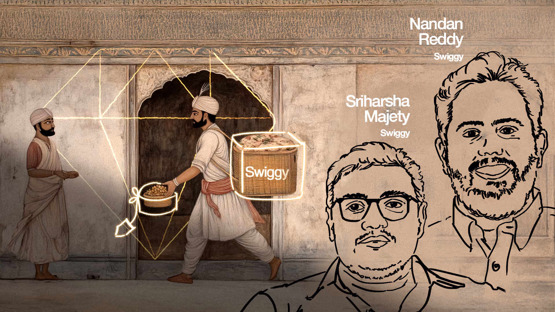 Illustration showing two men in traditional Indian attire exchanging food near a doorway, with a glowing geometric outline around a delivery package labeled 'Swiggy'; sketches of two men labeled Nandan Reddy and Sriharsha Majety with the Swiggy logo beside their names appear on the right side.