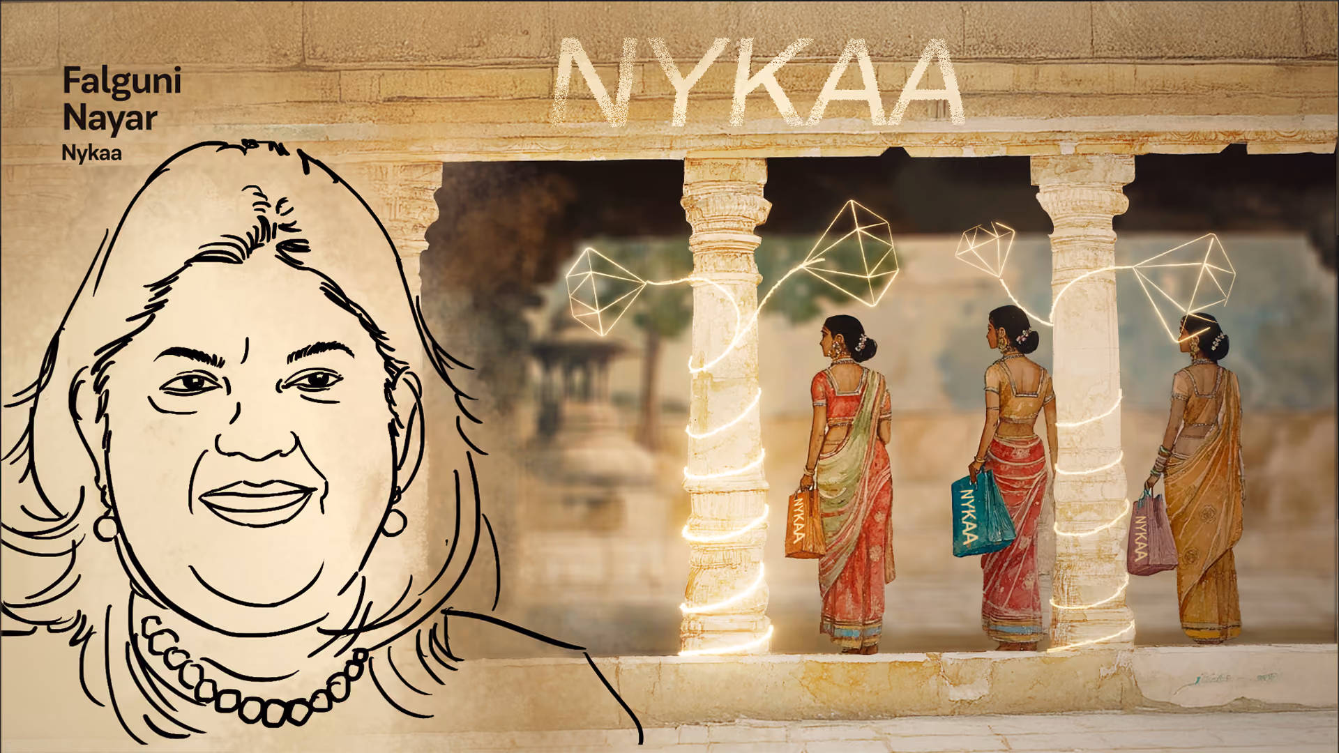 Digital artwork featuring a sketch portrait of Falguni Nayar labeled with her name and Nykaa, alongside three women in traditional Indian sarees standing by ancient stone pillars, holding shopping bags with the Nykaa logo, connected by glowing geometric lines. The word NYKAA appears above the pillars.