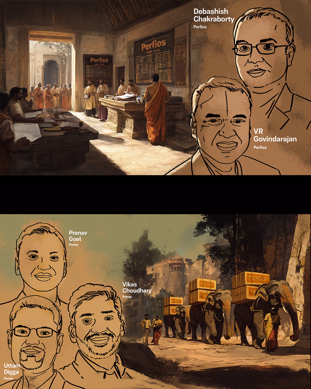 Two panels showing historical and illustrated scenes: The top panel depicts an ancient office with men in traditional robes working and a sign labeled 'Perfios,' alongside illustrated portraits of Debashish Chakraborty and VR Govindarajan labeled 'Perfios.' The bottom panel shows elephants carrying boxes labeled 'Porter' walking near a castle with men in traditional attire, accompanied by illustrated portraits and names of Pranav Goel, Vikas Choudhary, and Uttam Digga, all labeled 'Porter.'