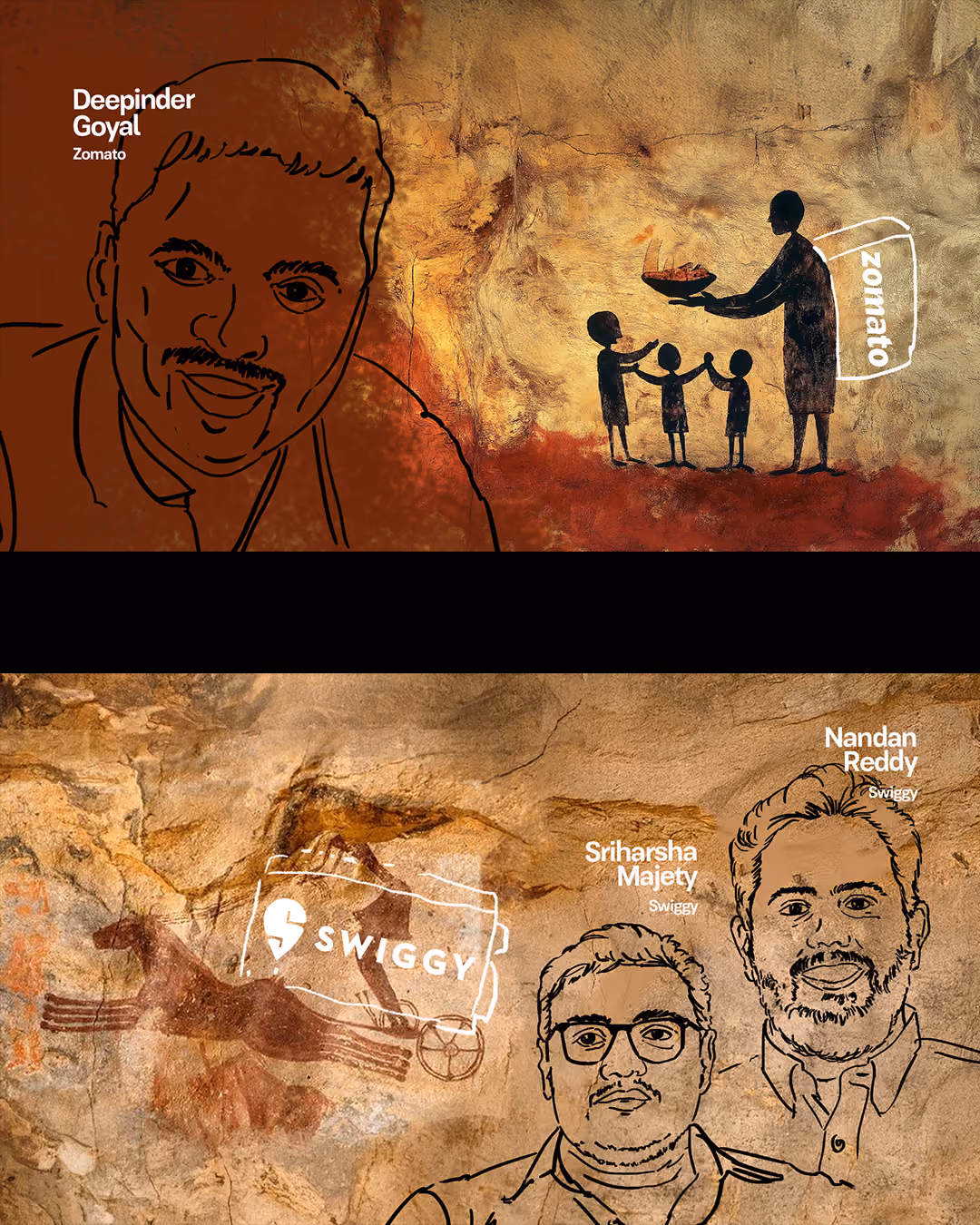 Illustrated portraits of Deepinder Goyal from Zomato in front of a cave painting of a woman giving food to three children, and Sriharsha Majety and Nandan Reddy from Swiggy alongside a cave painting of a chariot with the Swiggy logo.