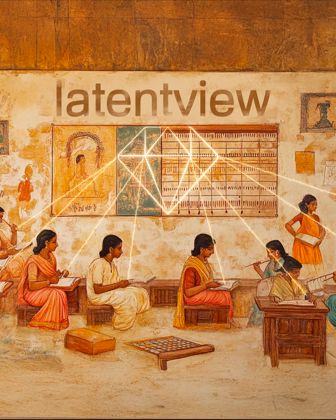 A traditional classroom scene with students seated on wooden benches, writing in notebooks, illuminated by geometric light patterns connecting their heads to a board on the wall; the word 'latentview' appears above the board.