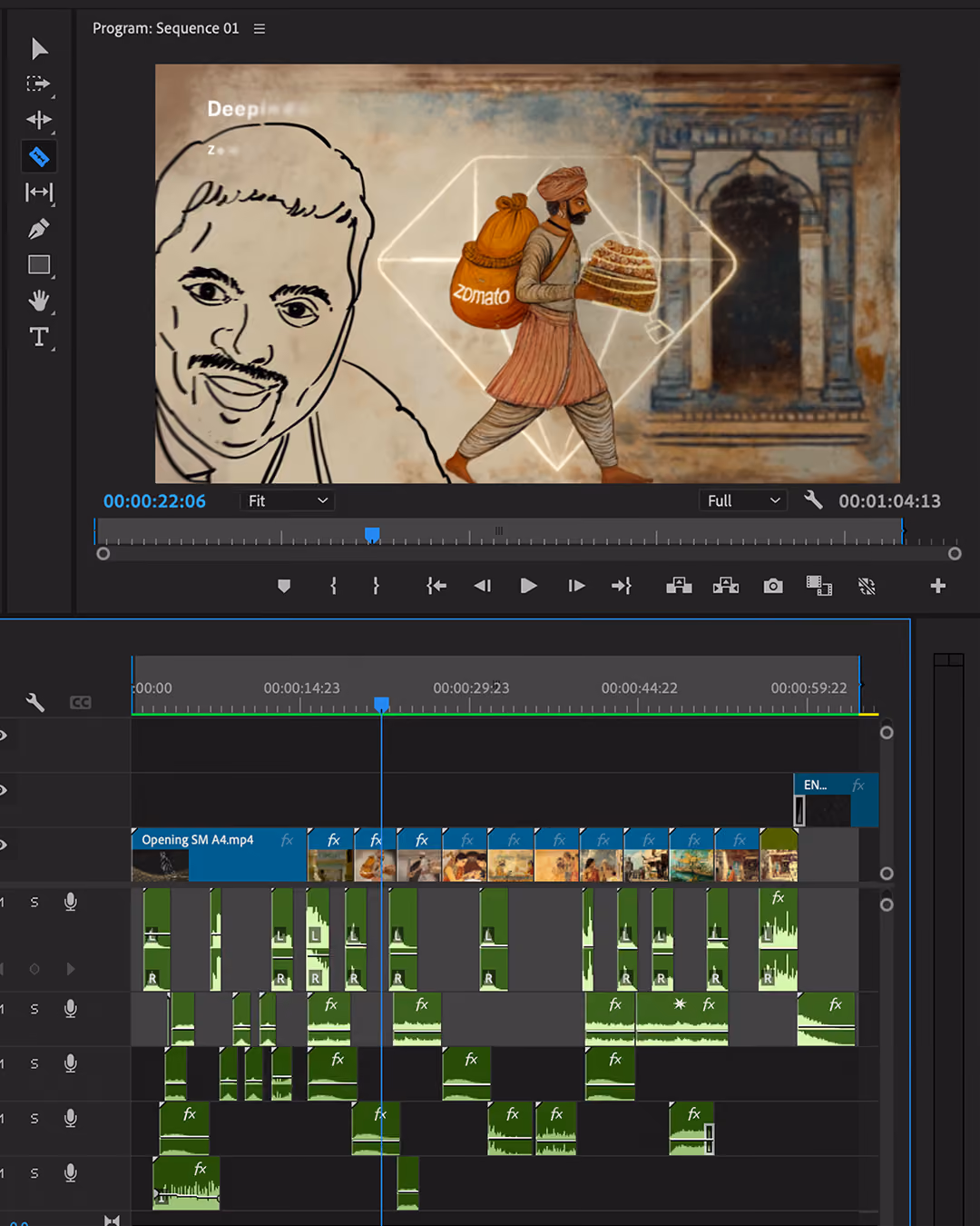 Screenshot of video editing software showing a timeline with multiple tracks and clips, and a preview window displaying an animation of a man in traditional attire carrying a large sack labeled 'Zomato' and a stack of bread, alongside a sketched face and a stone archway background.